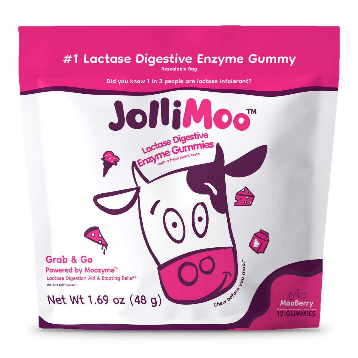 JolliMoo Lactase Enzyme Gummies, 10,500 ALU, Mooberry, 12 Count Pouch