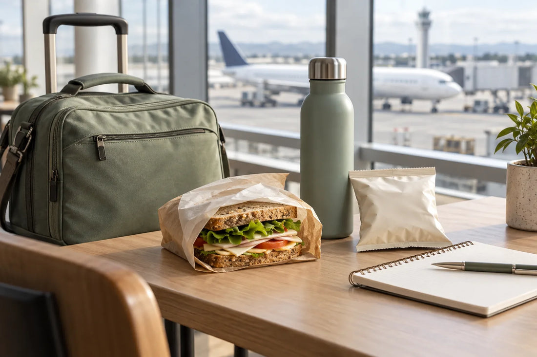 Wrapped sandwich, snack packet, water bottle and carry-on bag on an airport café table beside terminal windows.