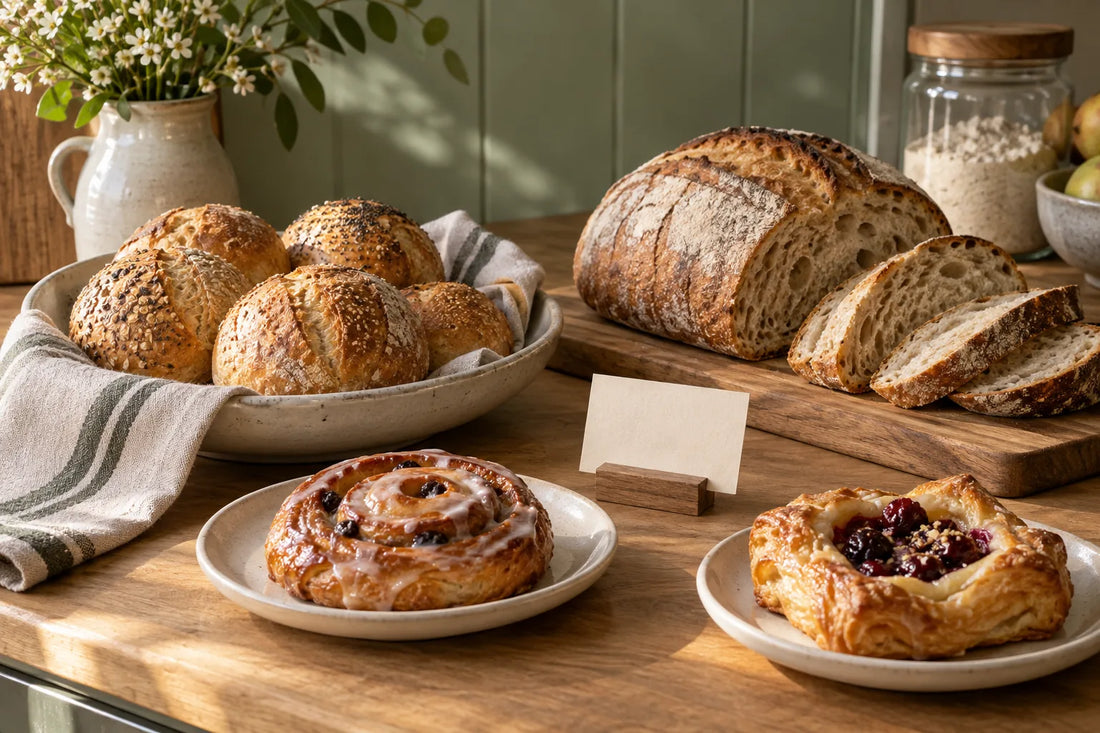 Bread rolls, a sliced loaf, and glazed pastries beside a blank ingredient card on a bakery counter.