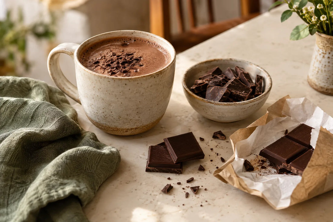 Mug of hot chocolate beside chocolate squares and an opened paper wrapper on a café table.