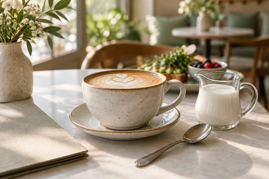 Latte in a ceramic cup beside a glass pitcher on a café table.