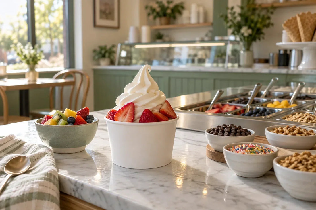 Vanilla frozen yogurt topped with strawberries beside separate fruit and topping bowls.