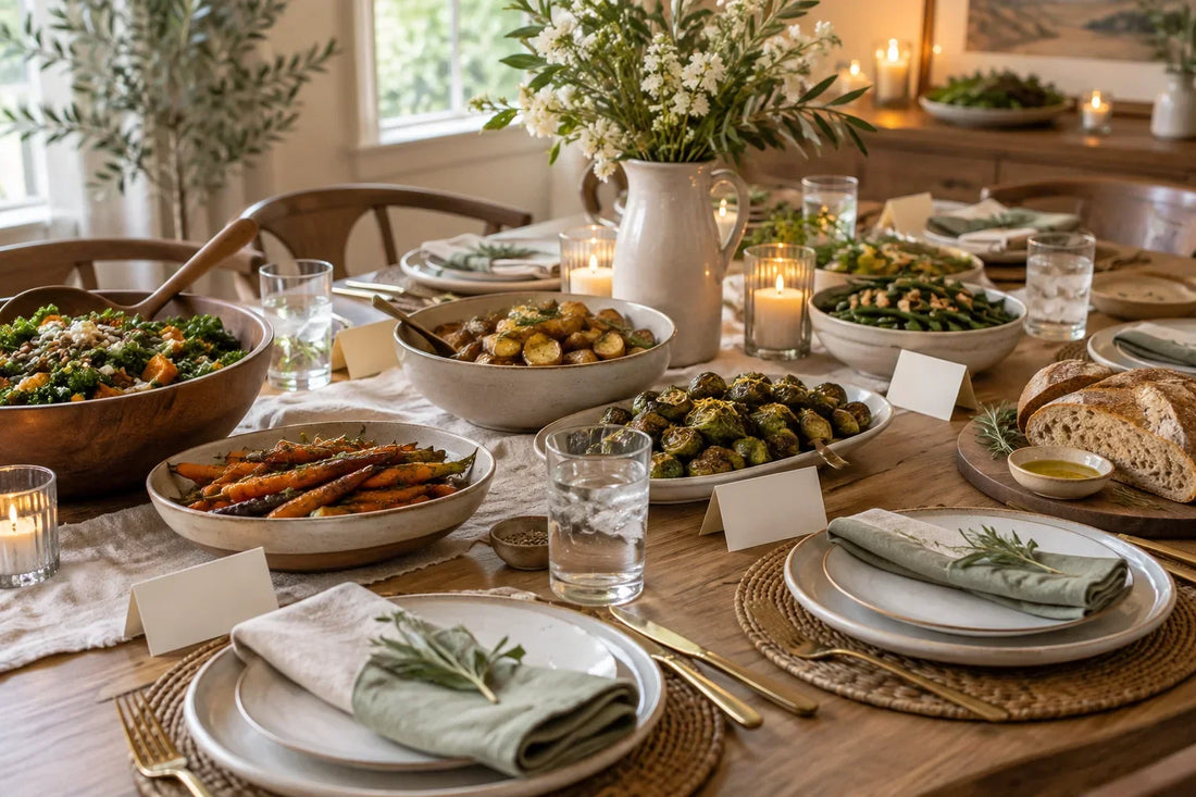 Shared dinner dishes with blank food-label cards, place settings and candles on a table.