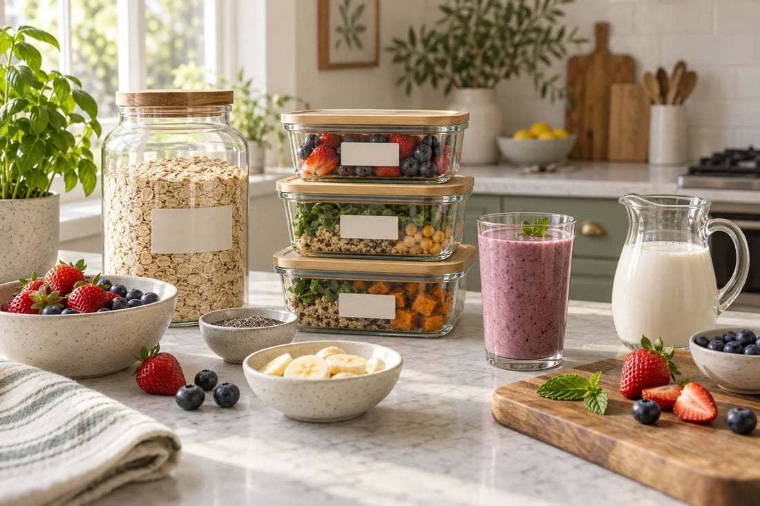 Oats, fruit, a smoothie, and stacked meal containers on a kitchen counter.