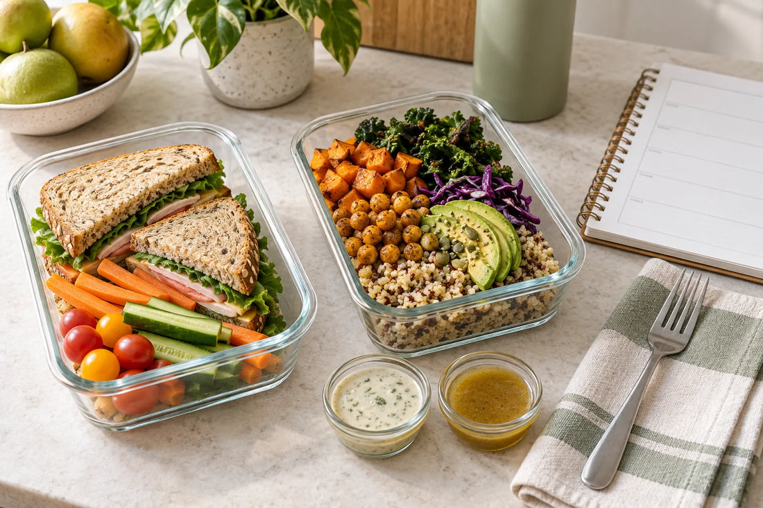 Lunch containers with a sandwich, vegetables and grain bowl beside separate dressing cups and a weekly notebook.