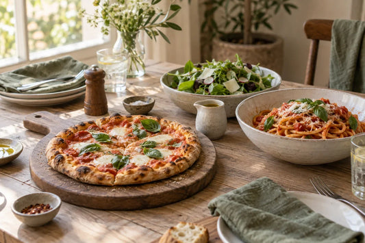 Pizza, tomato pasta, green salad and a separate dressing pitcher on a shared lunch table.
