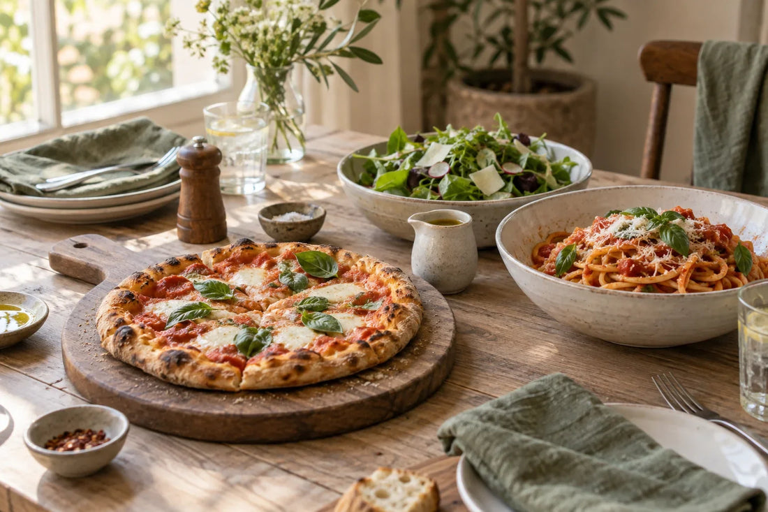 Pizza, pasta, and green salad arranged on a dining table.