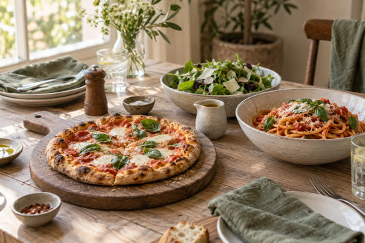 Pizza, pasta, and green salad arranged on a dining table.