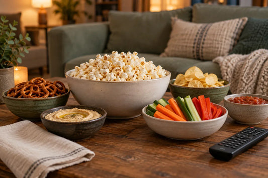 Popcorn, pretzels, chips, vegetable sticks and separate dips on a movie-night coffee table.
