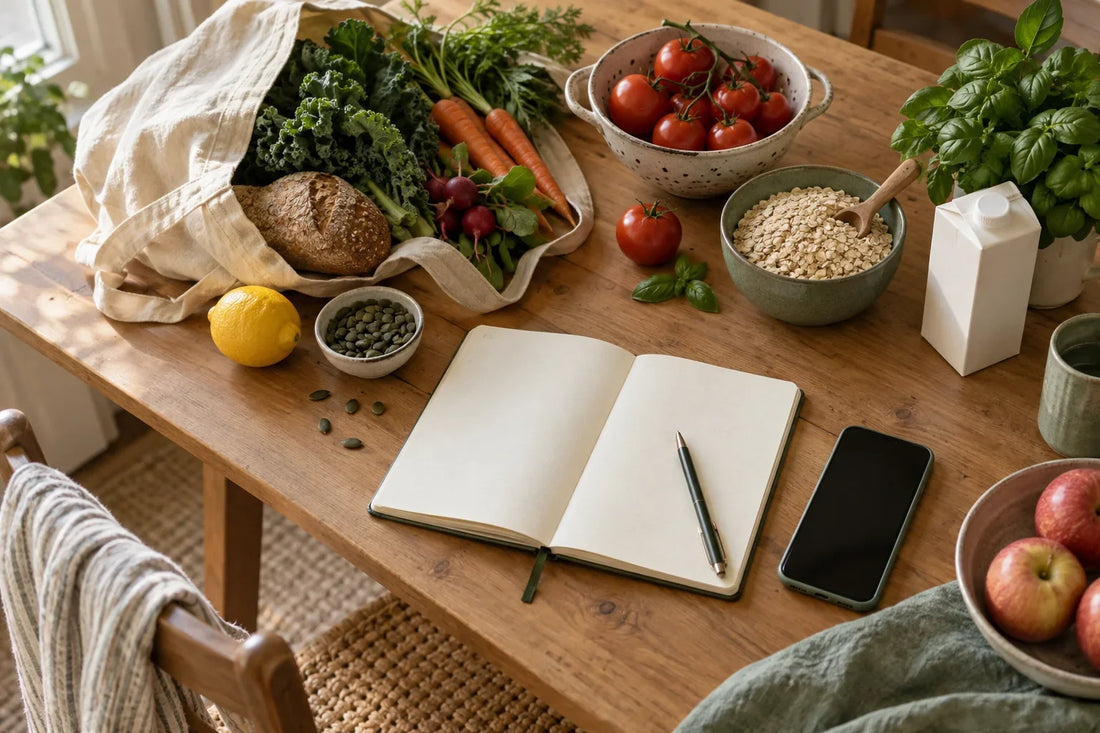 Open notebook and pen beside groceries, a plain carton and a phone on a kitchen table.