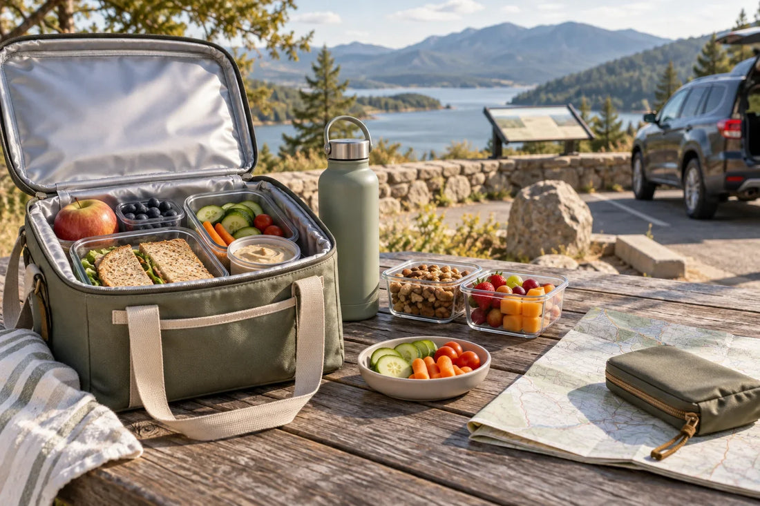 Packed cooler bag, food containers, water bottle, map, and pouch at a roadside picnic table.