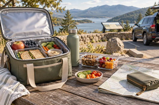 Packed cooler bag, food containers, water bottle, map, and pouch at a roadside picnic table.