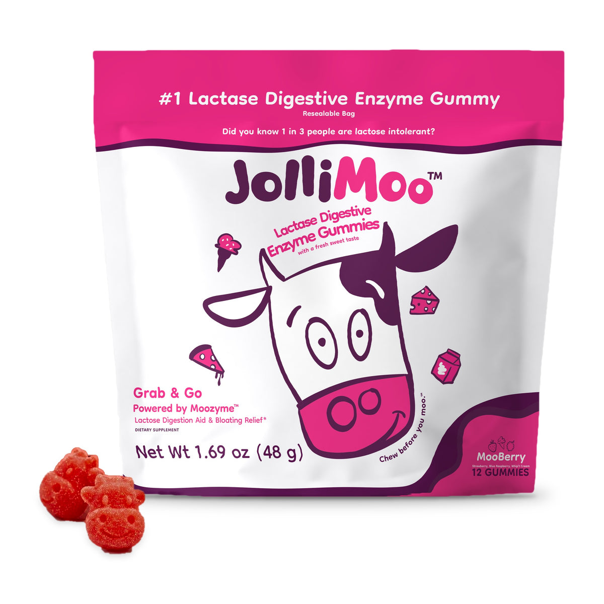 JolliMoo Lactase Enzyme Gummies, 10,500 ALU, Mooberry, 12 Count Pouch