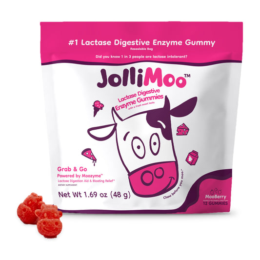 JolliMoo Lactase Enzyme Gummies, 10,500 ALU, Mooberry, 12 Count Pouch