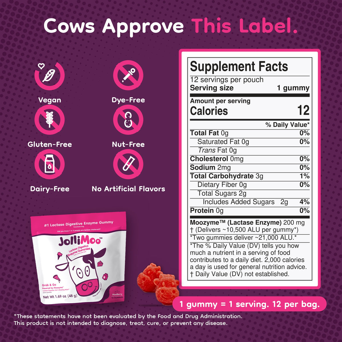 JolliMoo Lactase Enzyme Gummies, 10,500 ALU, Mooberry, 12 Count Pouch
