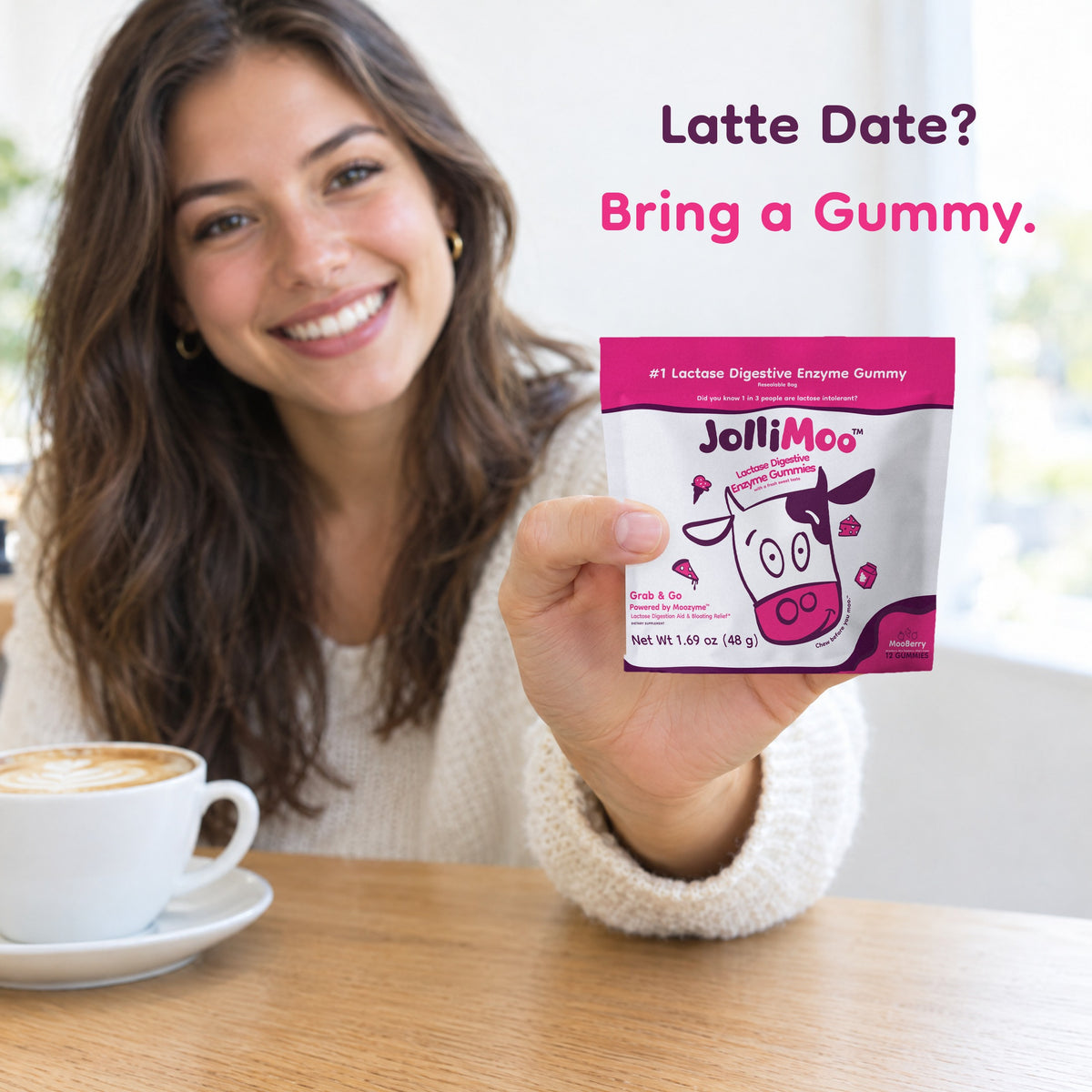JolliMoo Lactase Enzyme Gummies, 10,500 ALU, Mooberry, 12 Count Pouch