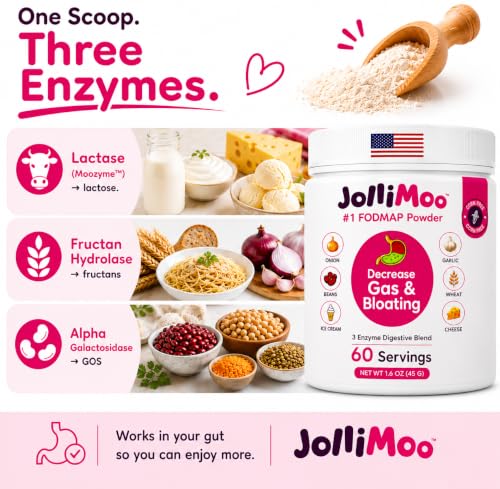 JolliMoo Trio Digestive Enzyme Powder for Gas & Bloating, Low FODMAP